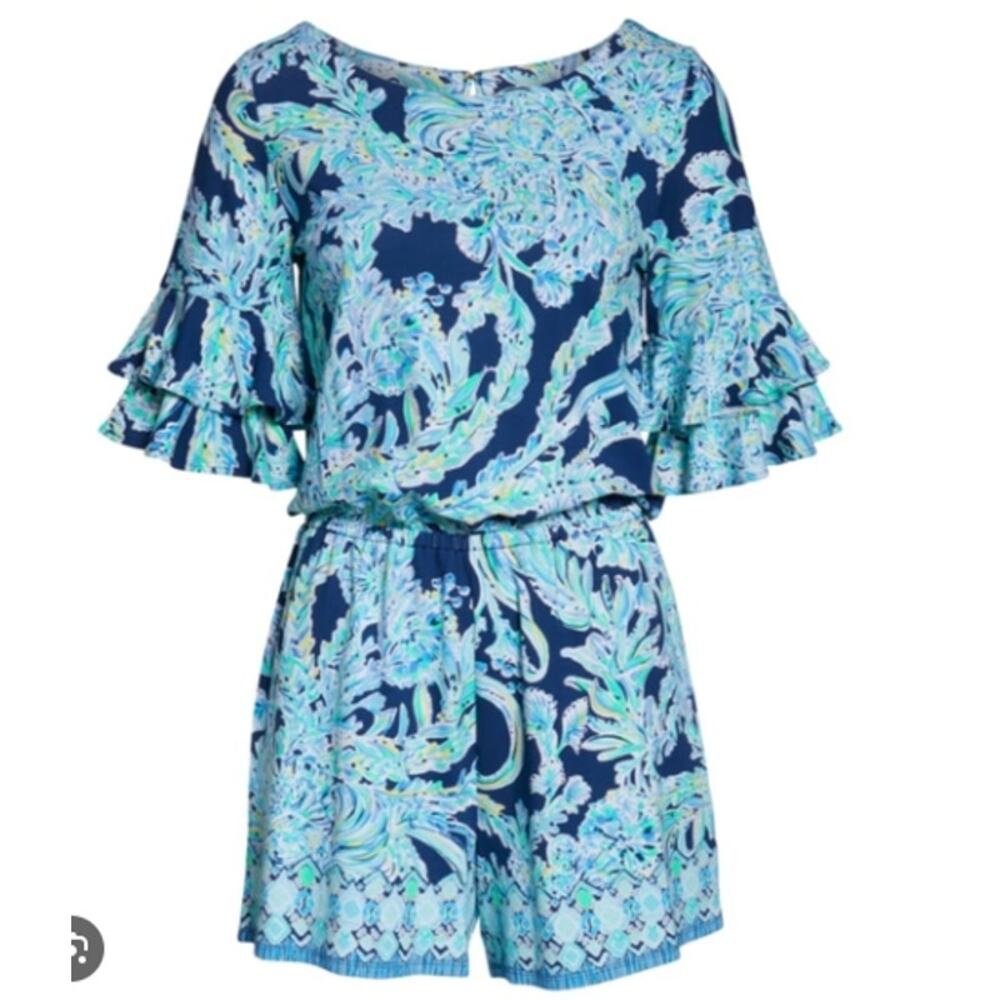 Lilly Pulitzer Lula Romper Ruffled Sleeves Scuba Doo High Tide Blue Navy, Sz Med